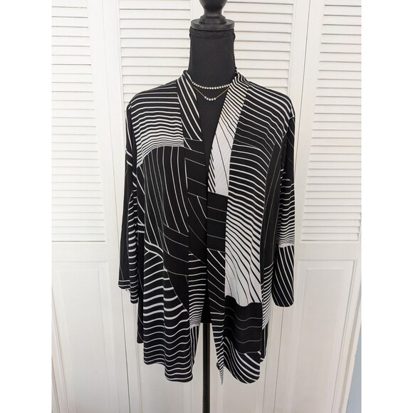 Susan Graver Liquid Knit Cardigan Women XL Open Black White Abstract Artsy Top - Picture 1 of 9